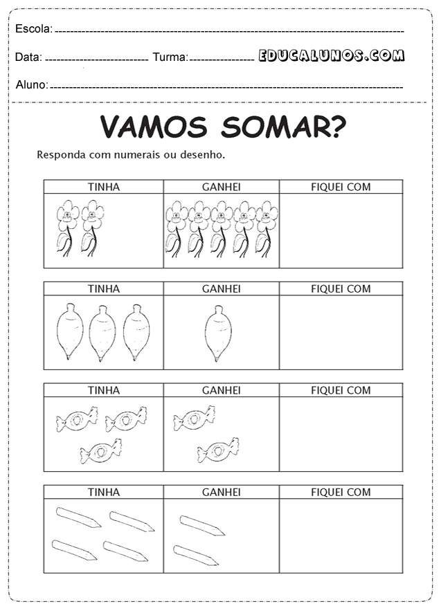 Atividades de matemática de adição, para trabalhar com alunos do 1º ano.