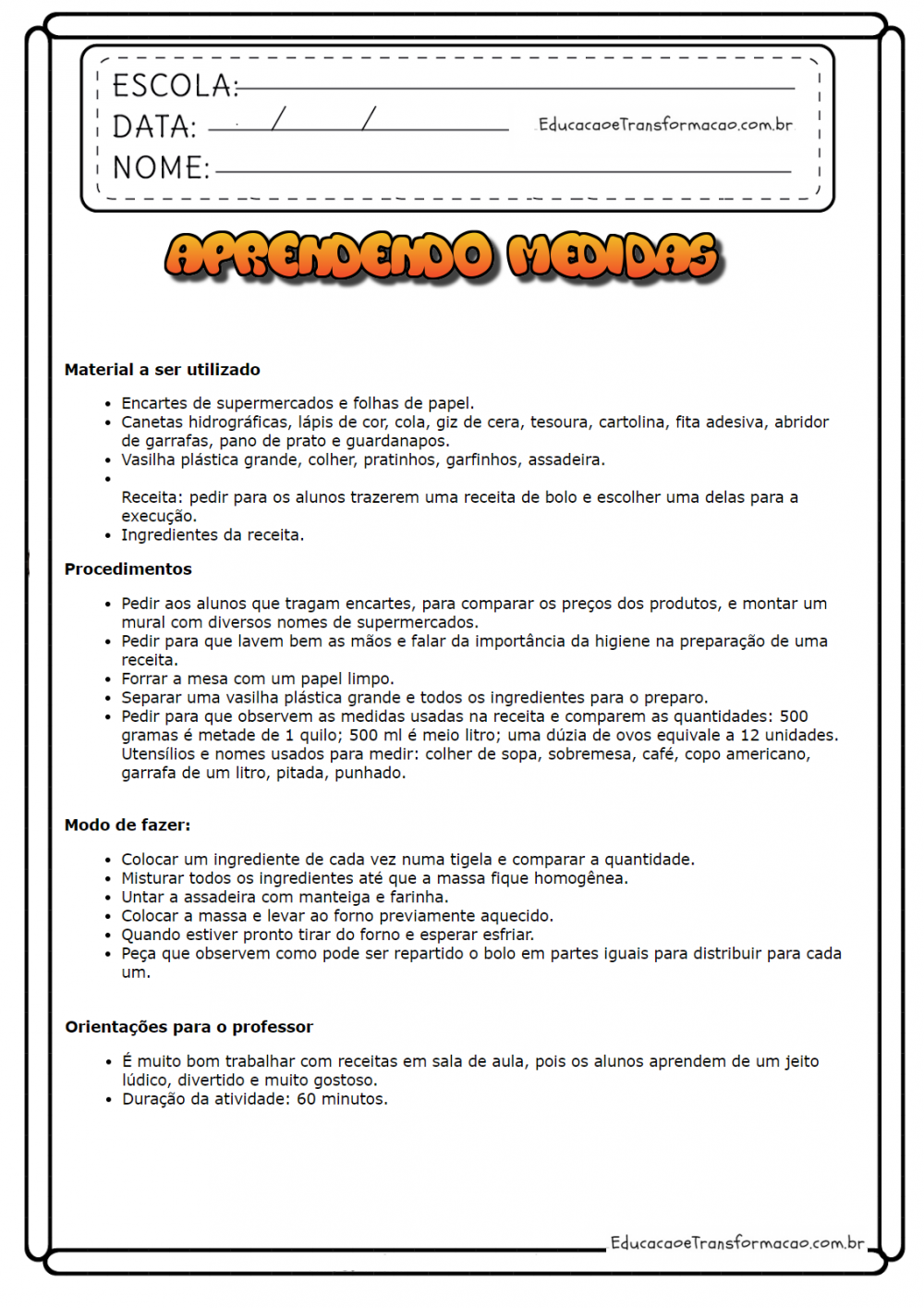 Atividades de matemática 1º ano - Aprendendo Medidas