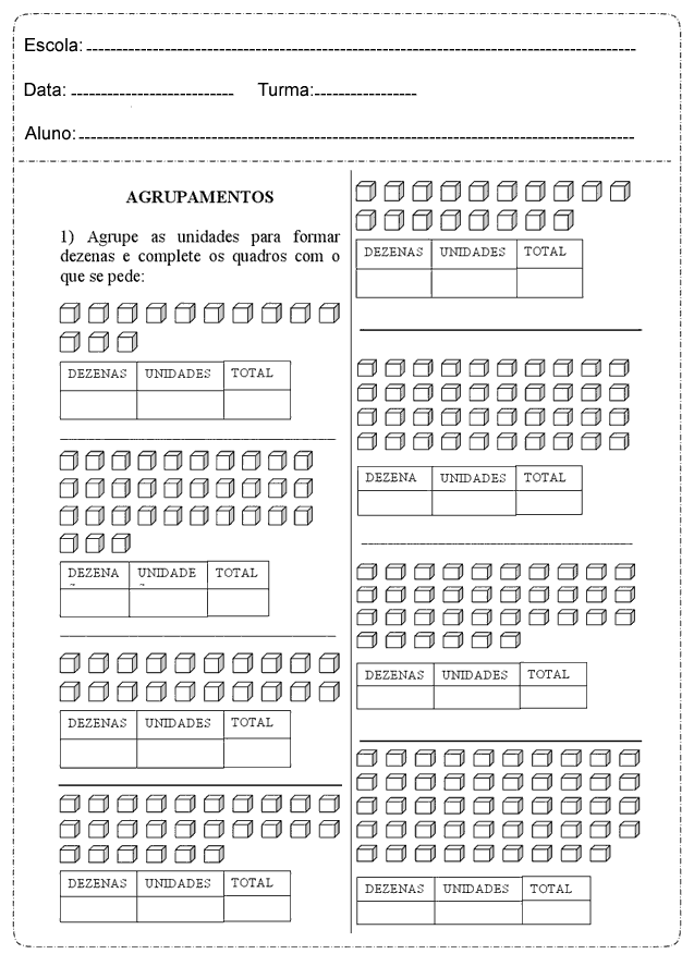 Atividades de Matemática dezena e unidade