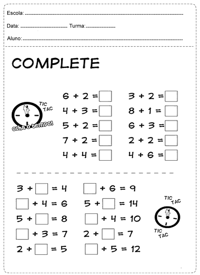 Atividades de Matemática de Adição - 1º Ano do Ensino 