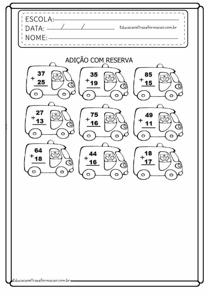 Atividades de Matemática 1º ano Adição - Com Reserva - Folha 01