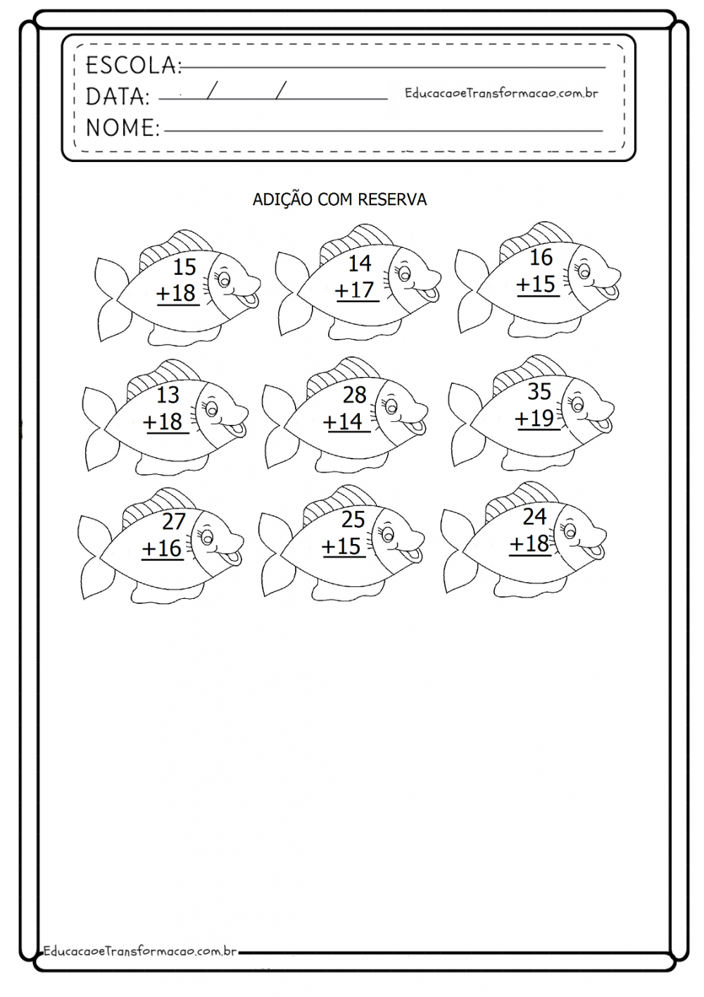 Atividades de Matemática 1º ano Adição - Com Reserva - Folha 02