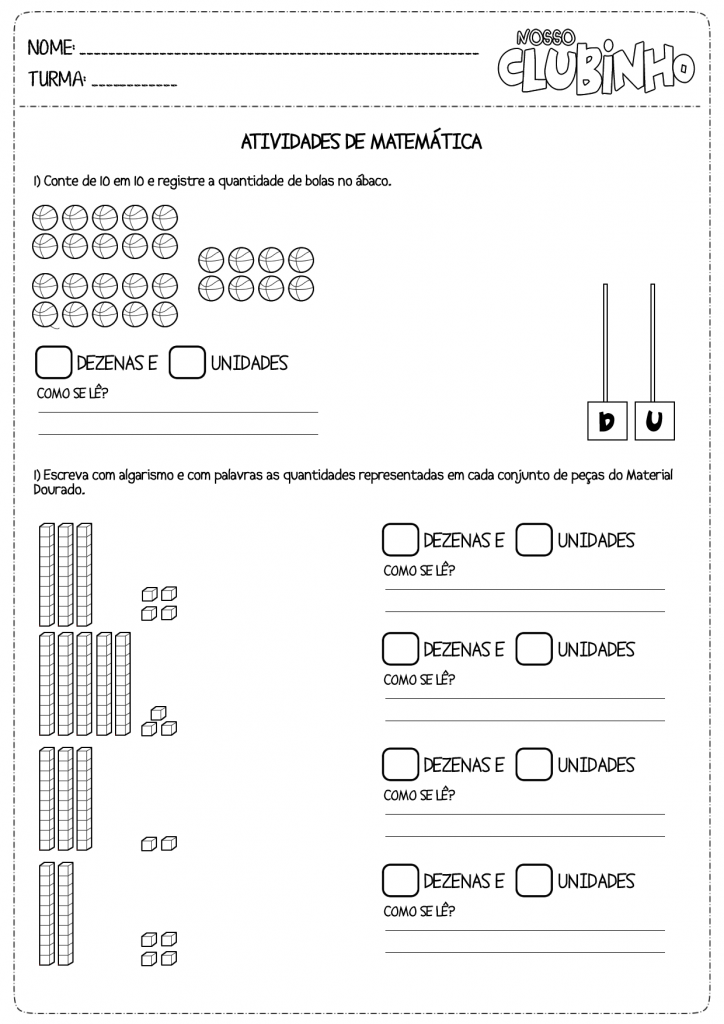 Atividades de Matemática dezena e unidade