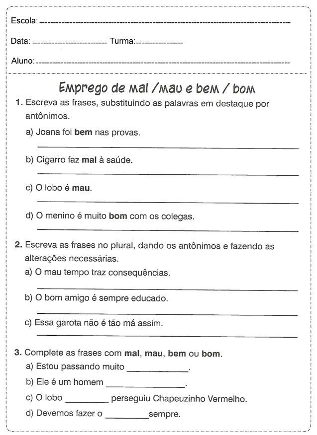 Atividades de Português para 5º ano: Emprego de Mal/Mau e Bem/Bom