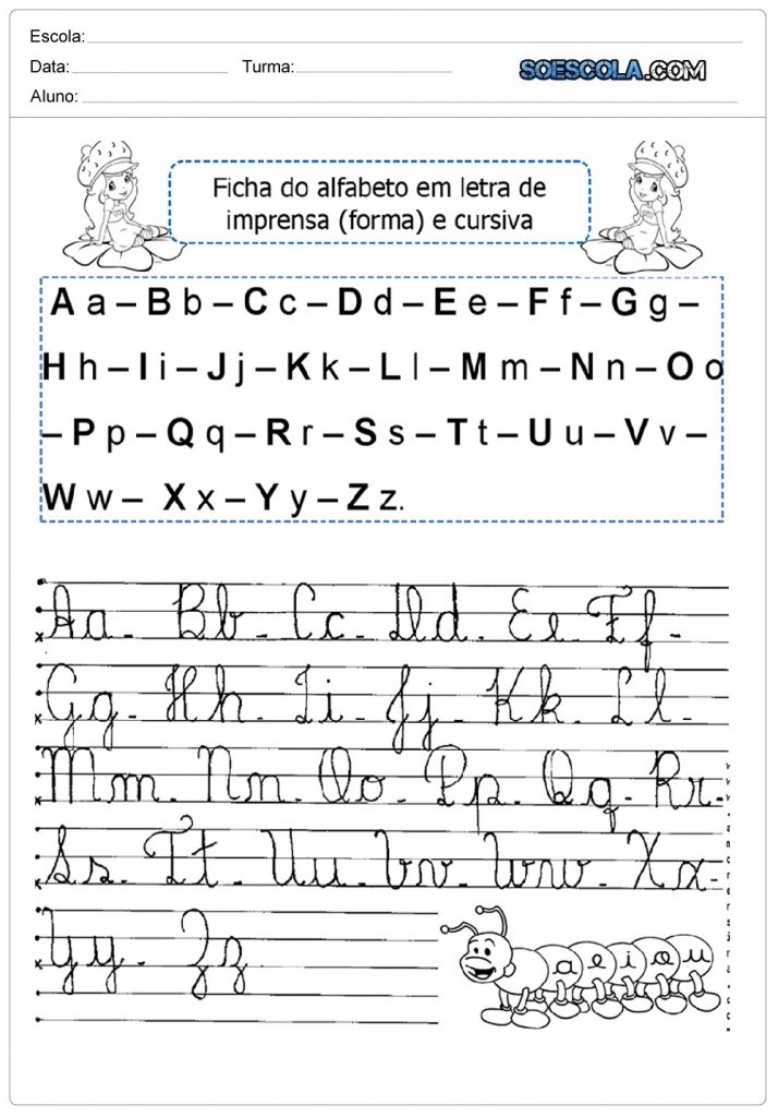 Caligrafia do alfabeto com letras cursivas maiúsculas e minúsculas