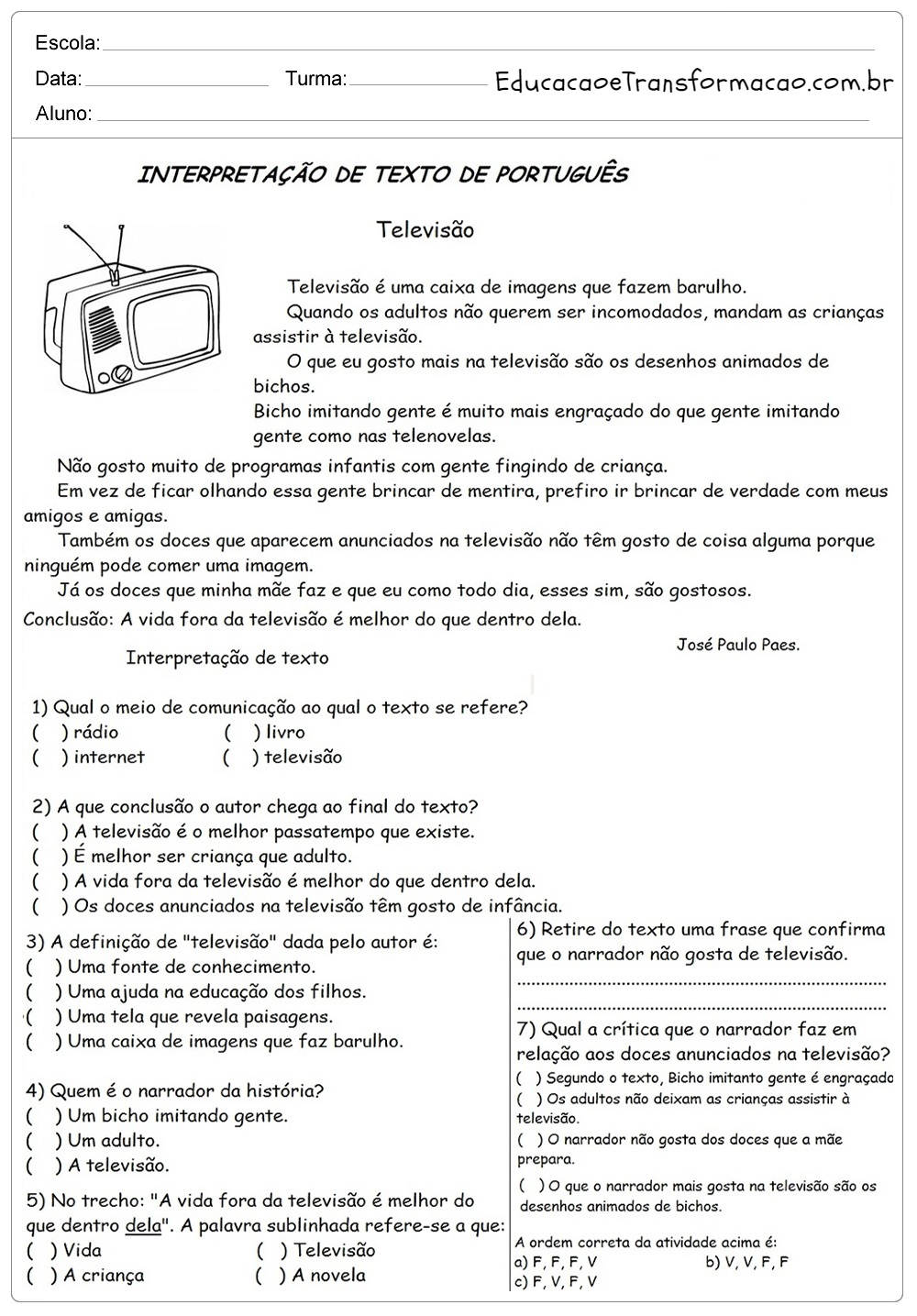 Atividades de Interpretação de Texto 4 ano do Ensino Fundamental para imprimir.