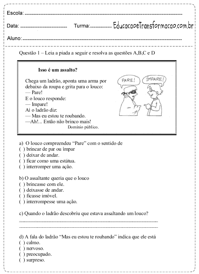 Atividades de Interpretação de Texto 4 ano do Ensino Fundamental para imprimir.