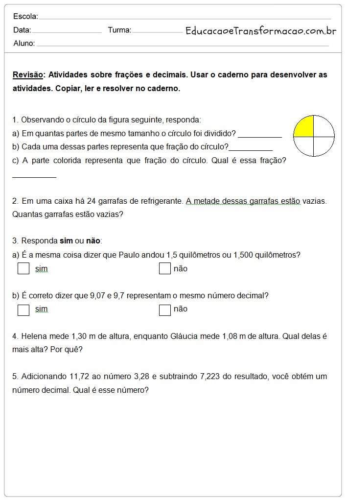 Atividades de Matemática 5 ano do Ensino Fundamental – Para Imprimir