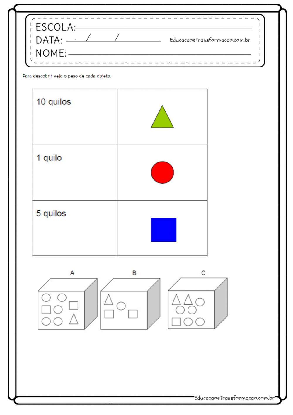 Atividades de Matemática 3º ano - Peso (Quilos) - Imprimir