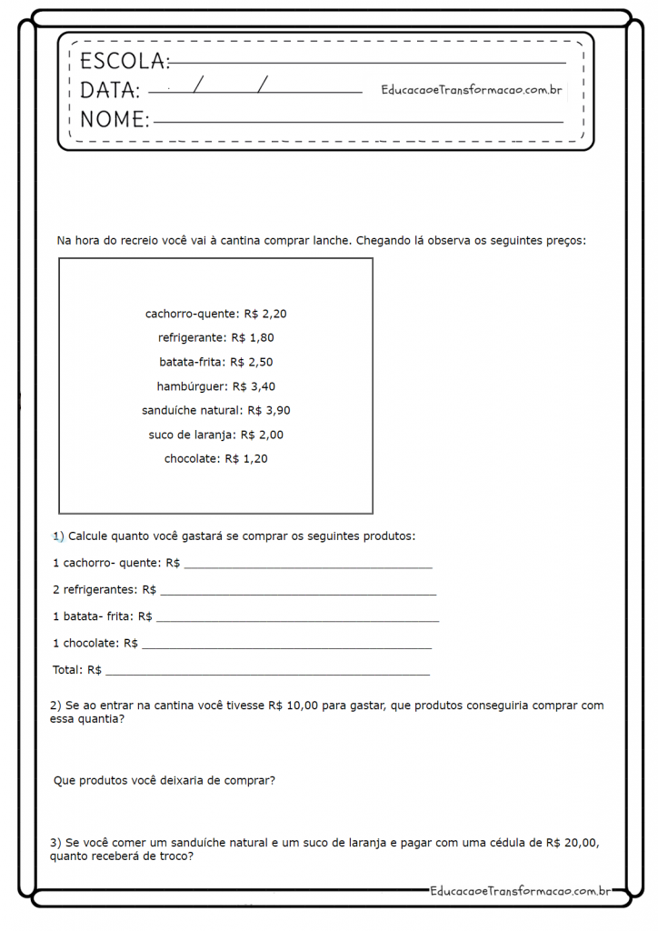 Atividades de Matemática 4º ano - Comprando na Cantina da Escola