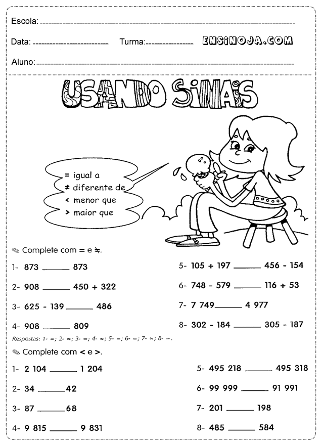 Atividade de matemática: Maior, menor ou igual - 2º ano e 3º ano - Acessaber