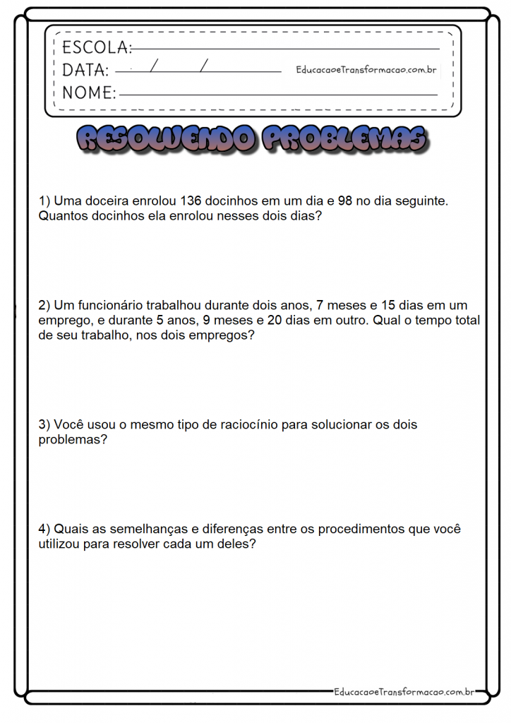 Atividades de Matemática 4º ano - Resolvendo Problemas