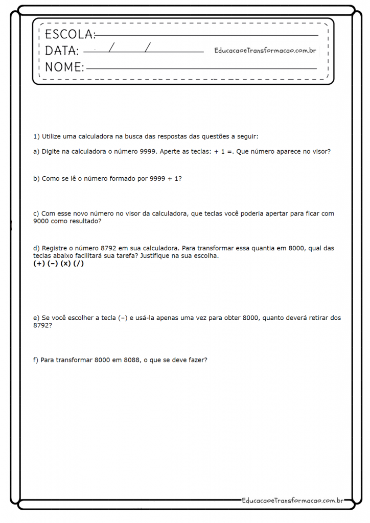 Atividades de Matemática 4º ano - Use a Calculadora - Folha 01