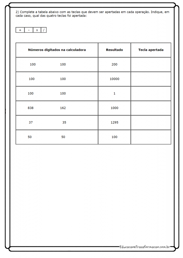 Atividades de Matemática 4º ano - Use a Calculadora - Folha 02