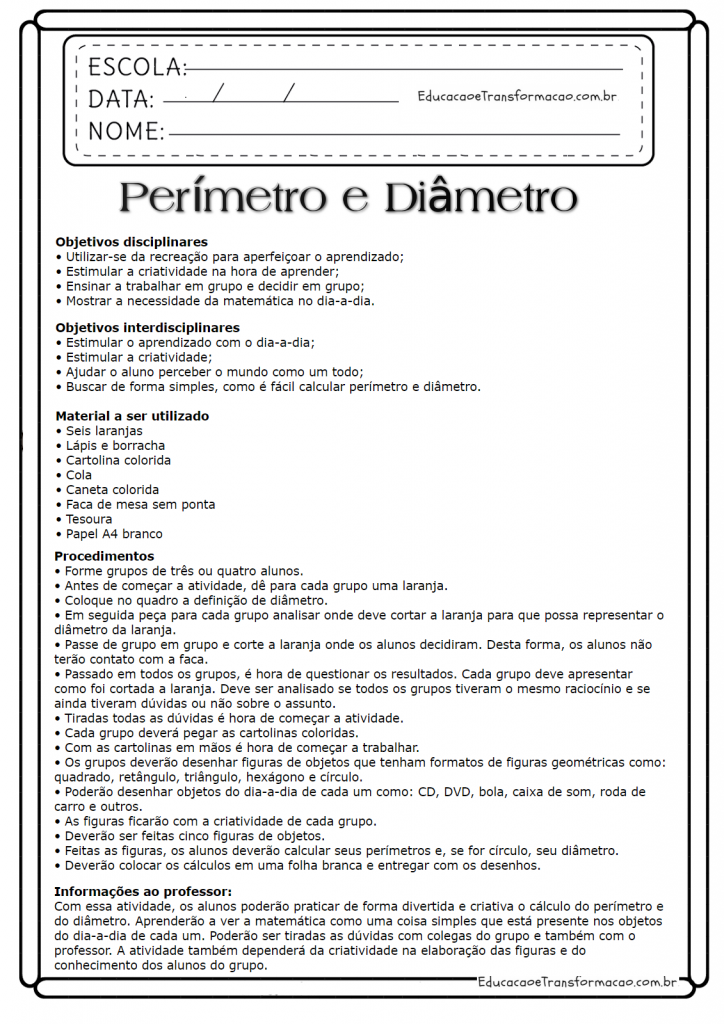 Atividades de Matemática 5º ano - Diâmetro e Perímetro