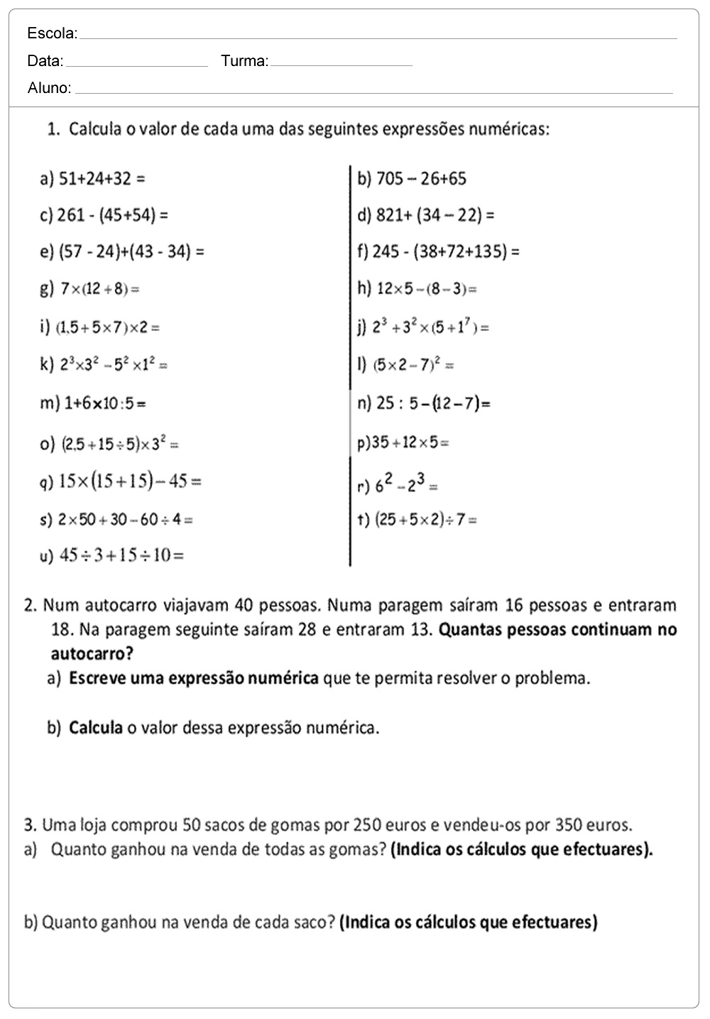 Atividades de Matemática 5 ano do Ensino Fundamental – Para Imprimir