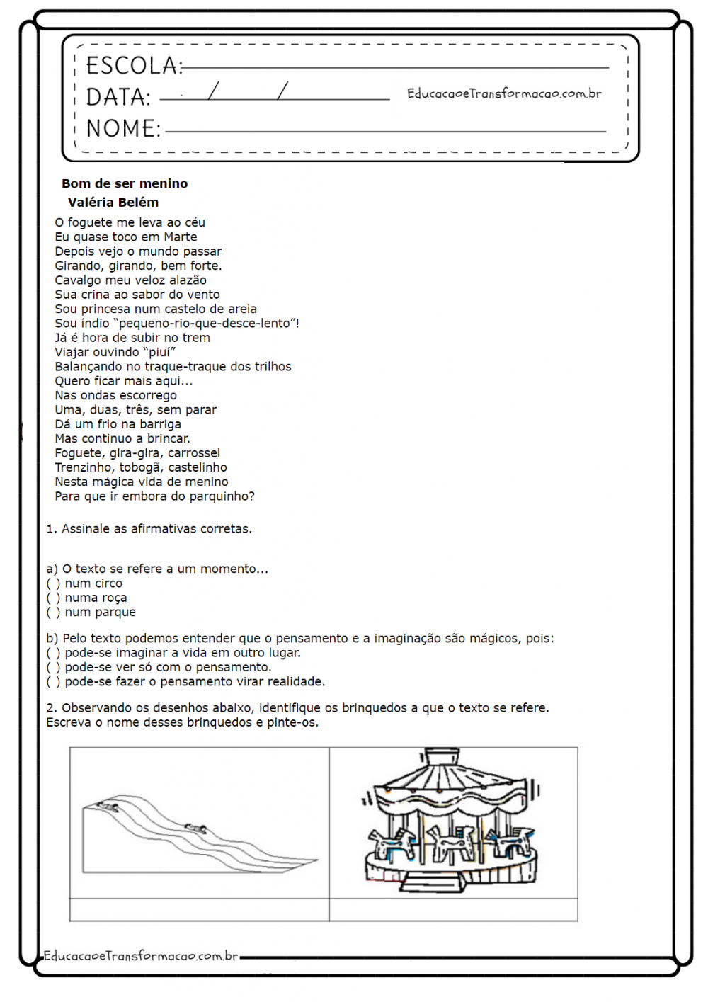 Atividades de Português 3º ano - Lendo e Interpretando