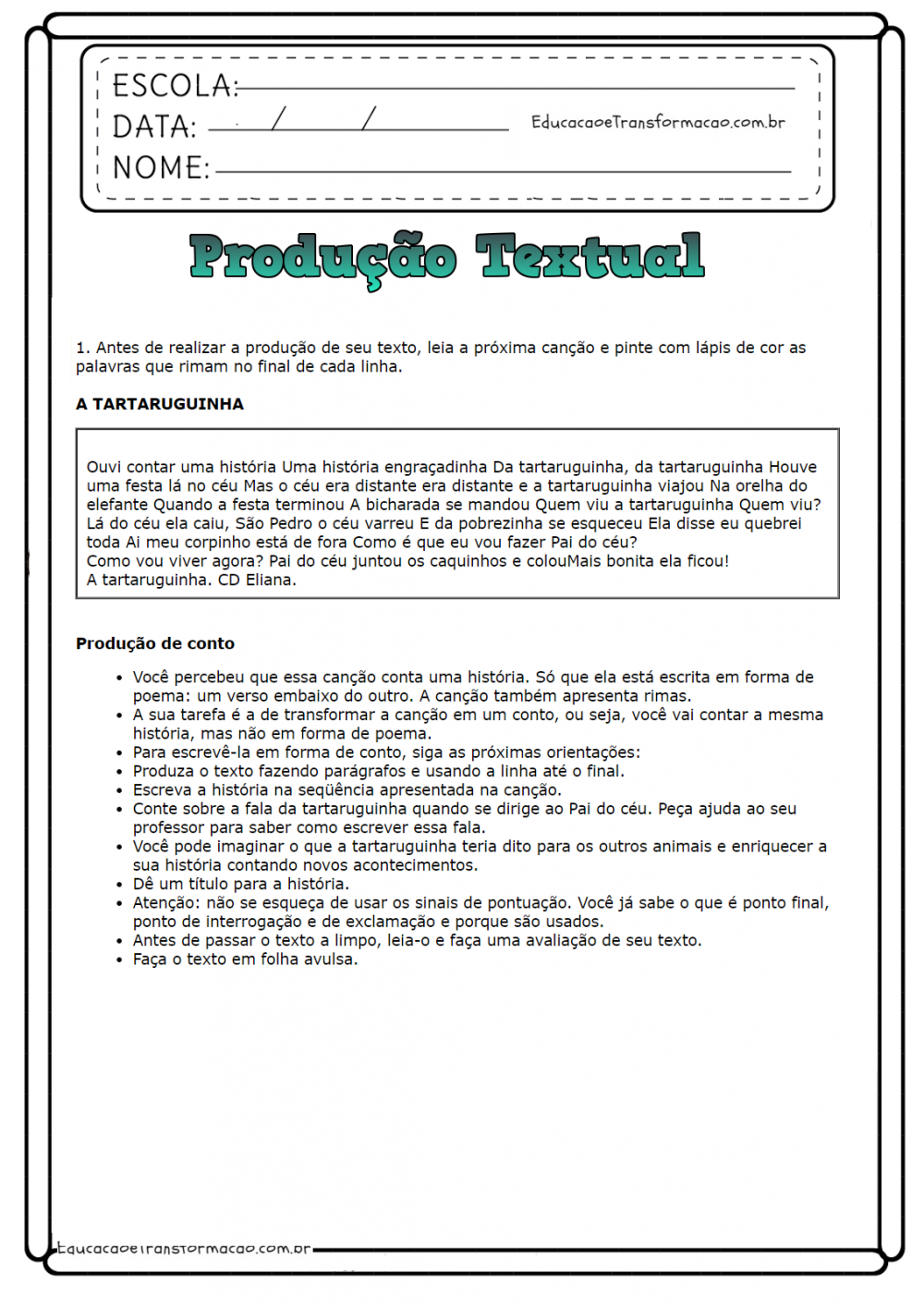 Atividades de Português 4º ano - Produção Textual