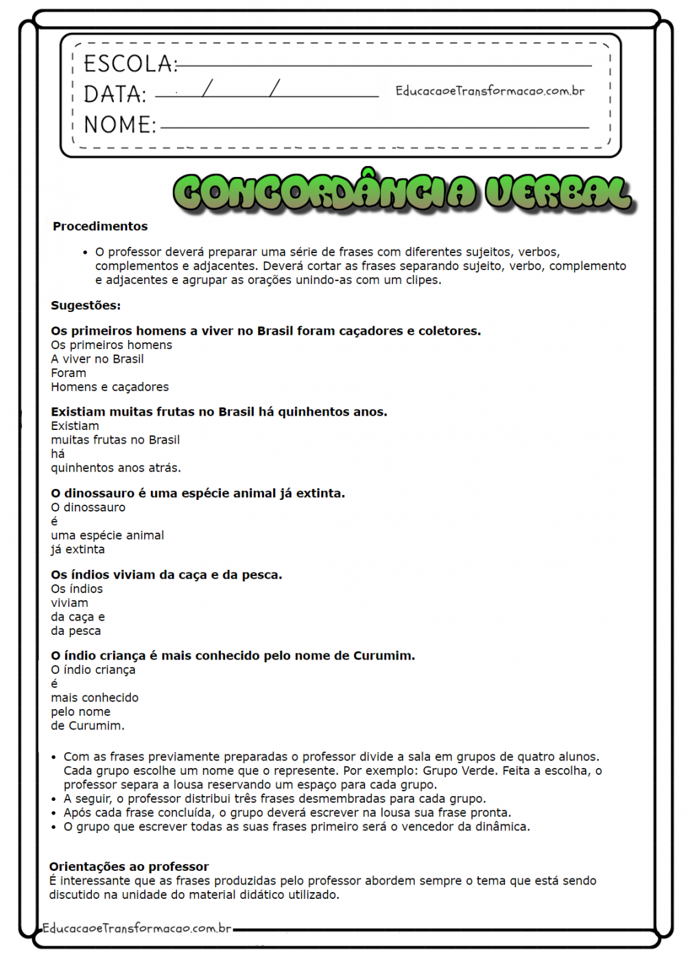 Atividades de português 5 ano - Concordância Verbal para imprimir ...