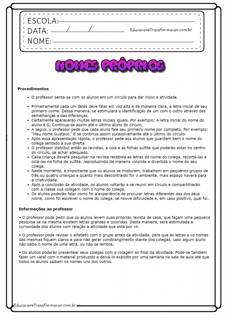 Atividades de português 5 ano - Nomes Próprios para imprimir