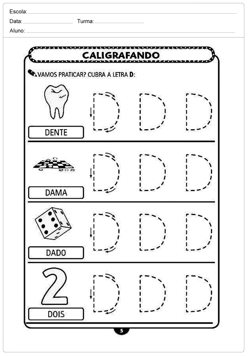 Atividades de caligrafia com a letra D - para imprimir