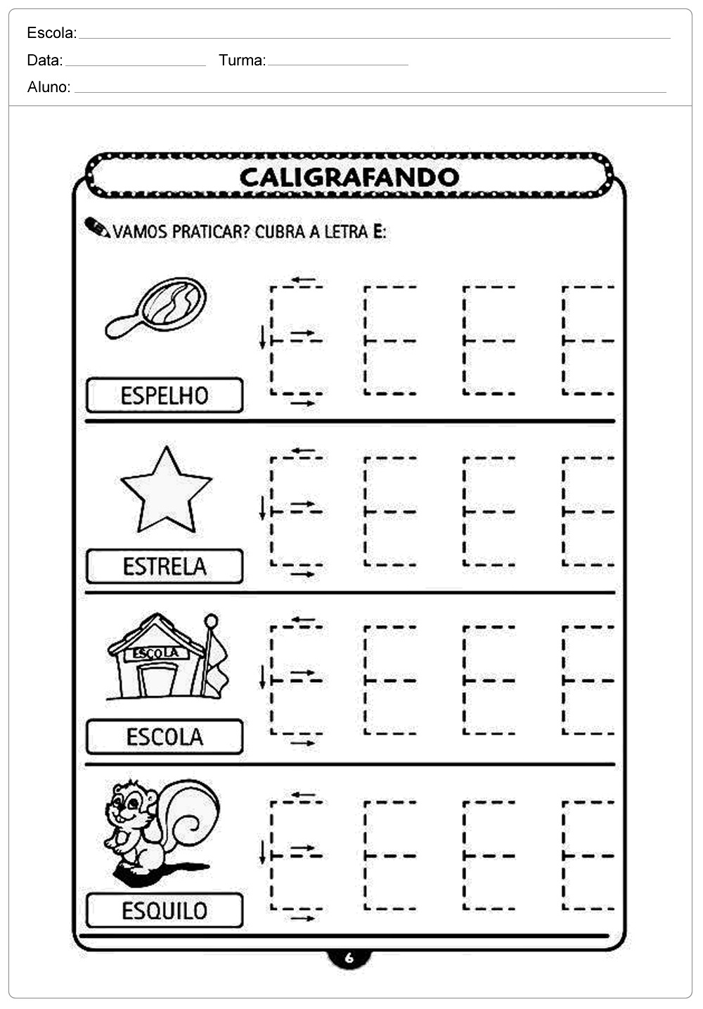 Atividades de caligrafia com a letra E - para imprimir