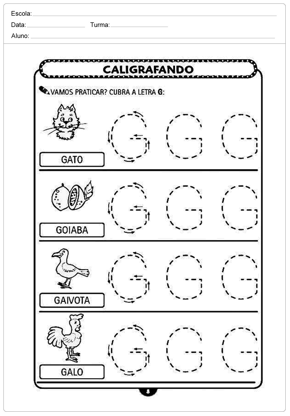 Atividades de caligrafia com a letra G - para imprimir