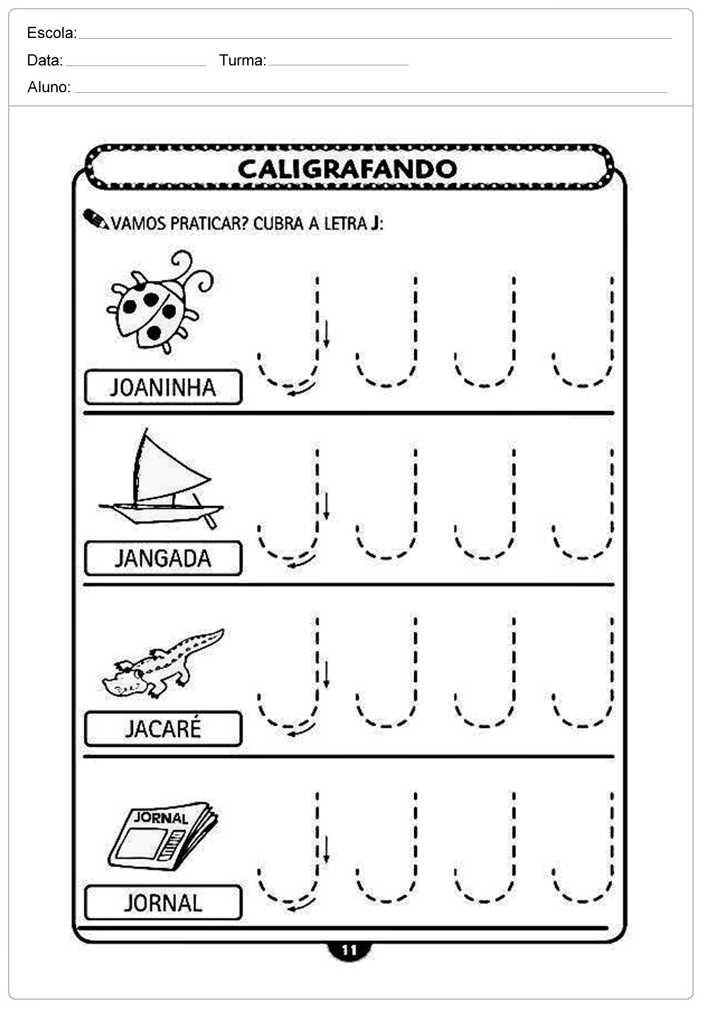 Atividades de caligrafia com a letra J - para imprimir