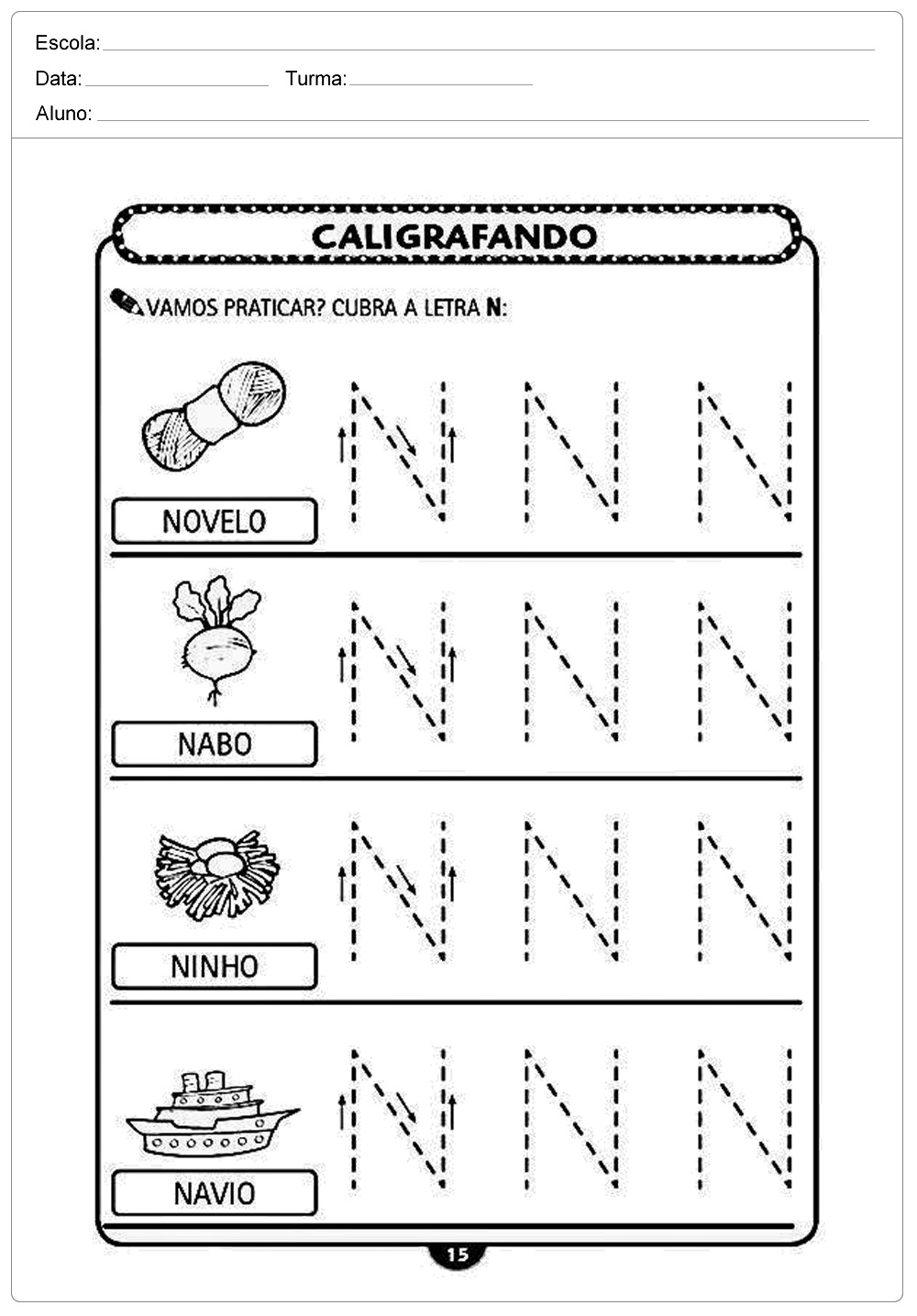 Atividades de caligrafia com a letra N - para imprimir