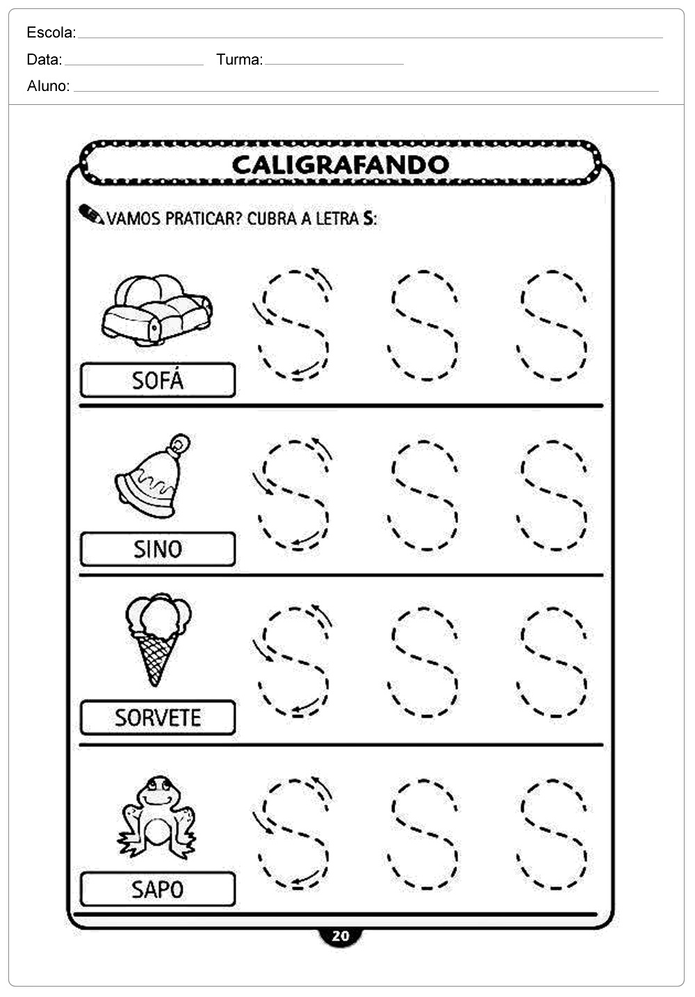 Atividades de caligrafia com a letra S  - para imprimir