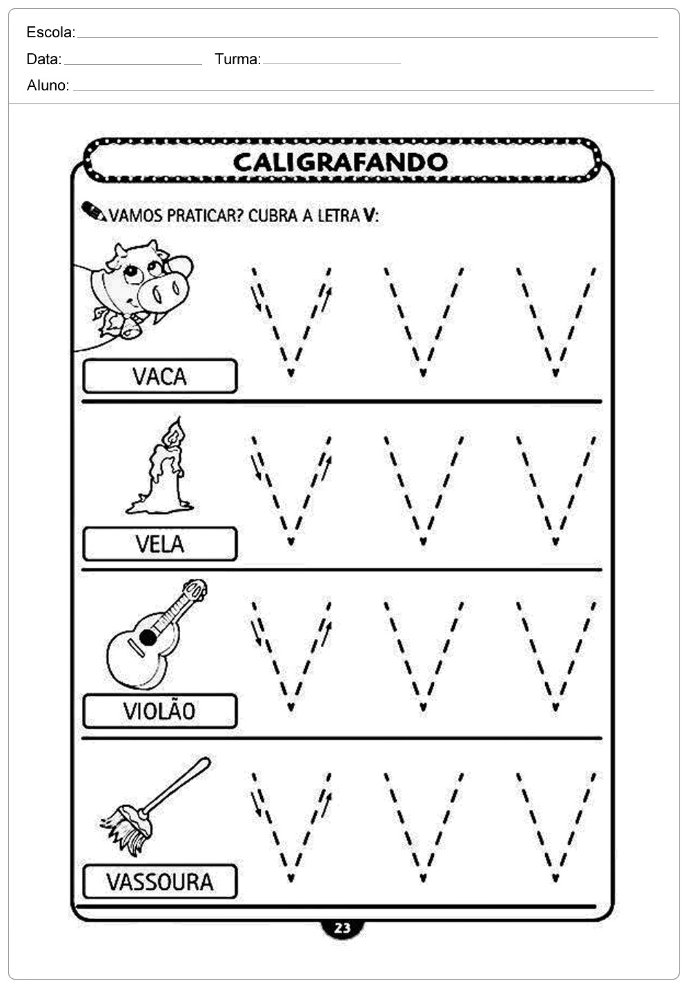 Atividades de caligrafia com a letra V  - para imprimir