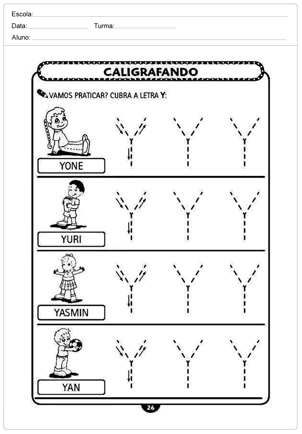 Atividades de caligrafia com a letra Y  - para imprimir