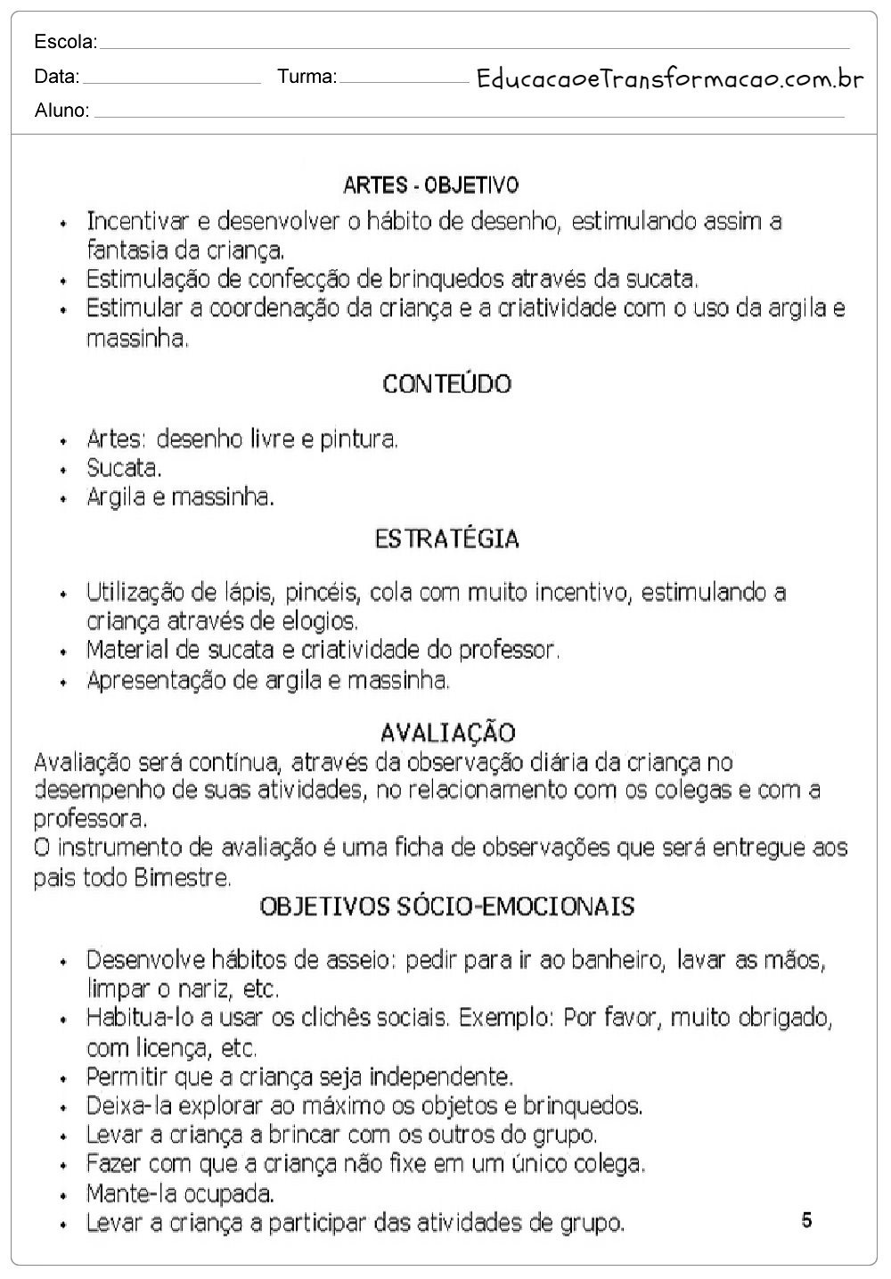 Plano de Aula - Modelos de Planos de aula e exemplos - Plano Anual.