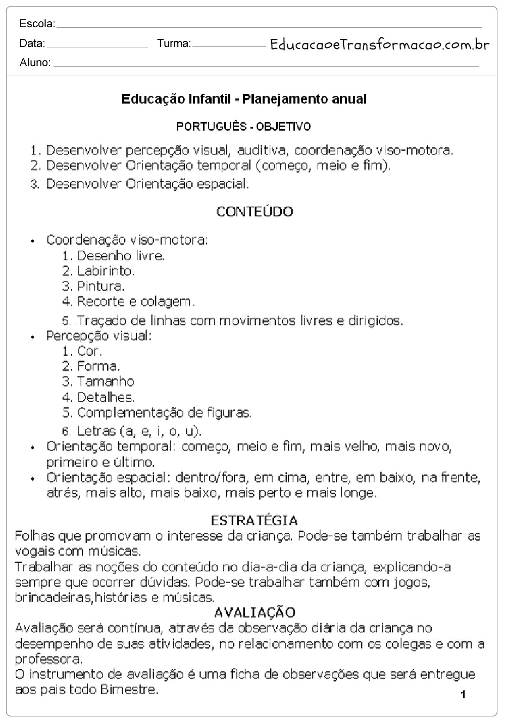 Plano de Aula - Modelos de Planos de aula e exemplos - Plano Anual.