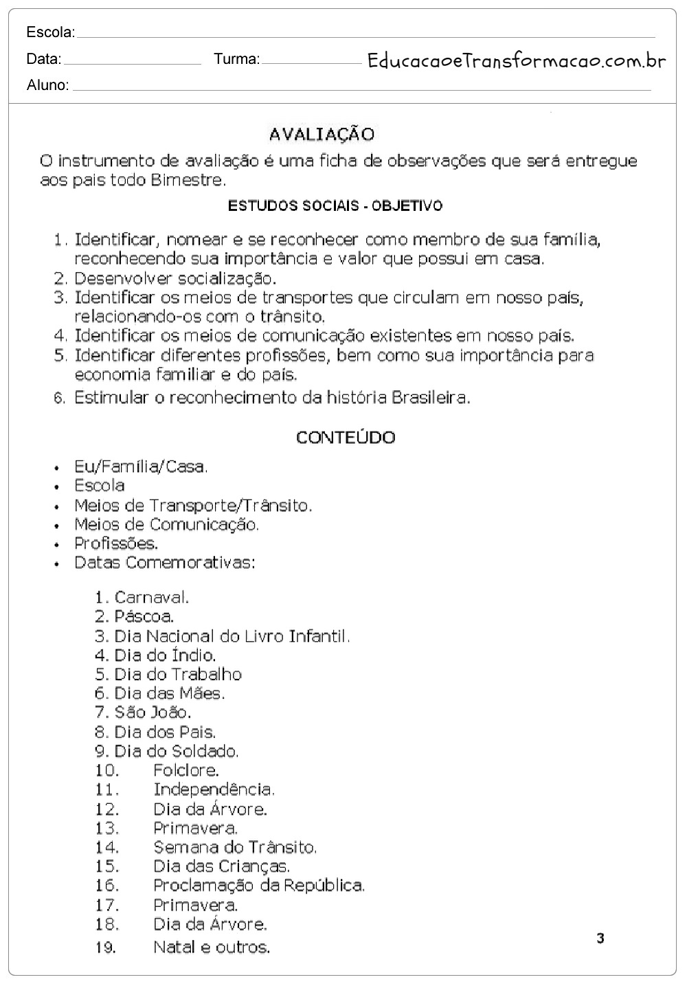 Plano de Aula - Modelos de Planos de aula e exemplos - Plano Anual.