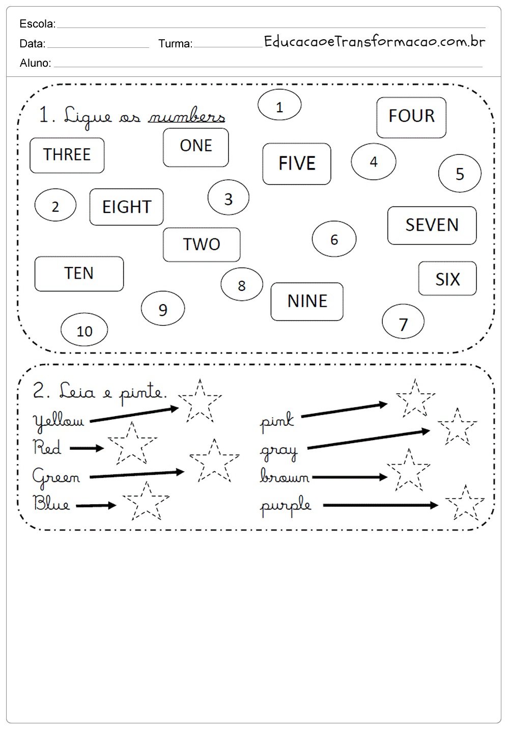 Atividades de Inglês 1 ano - Para Imprimir e Colorir - Ensino Fundamental.