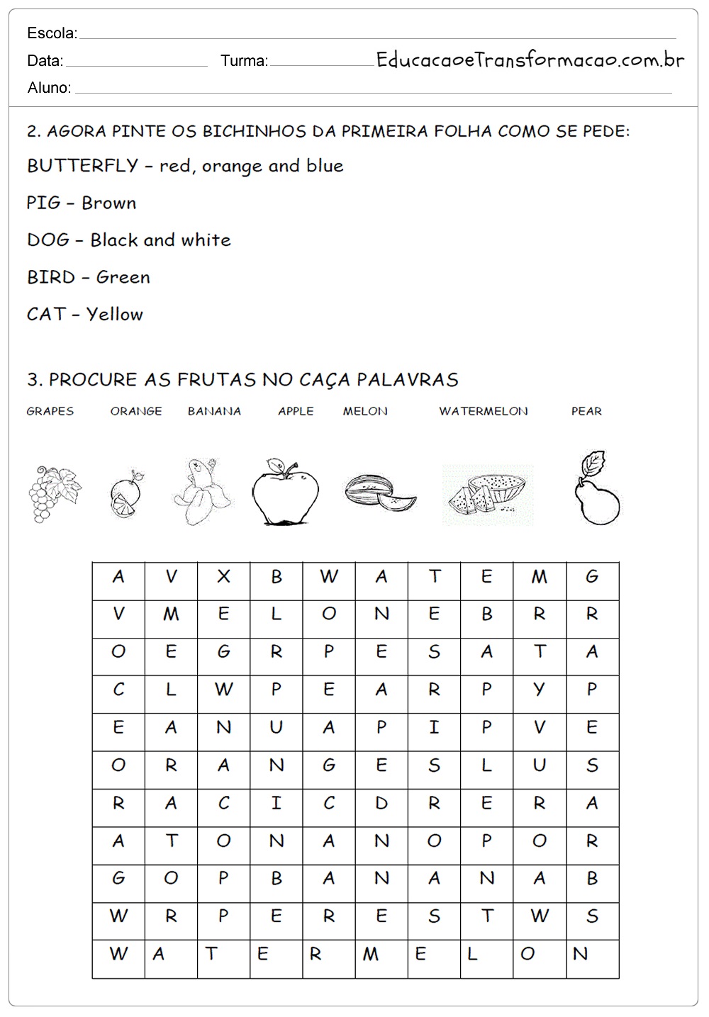 Atividades de Inglês 2 ano do Ensino Fundamental - Para Imprimir.