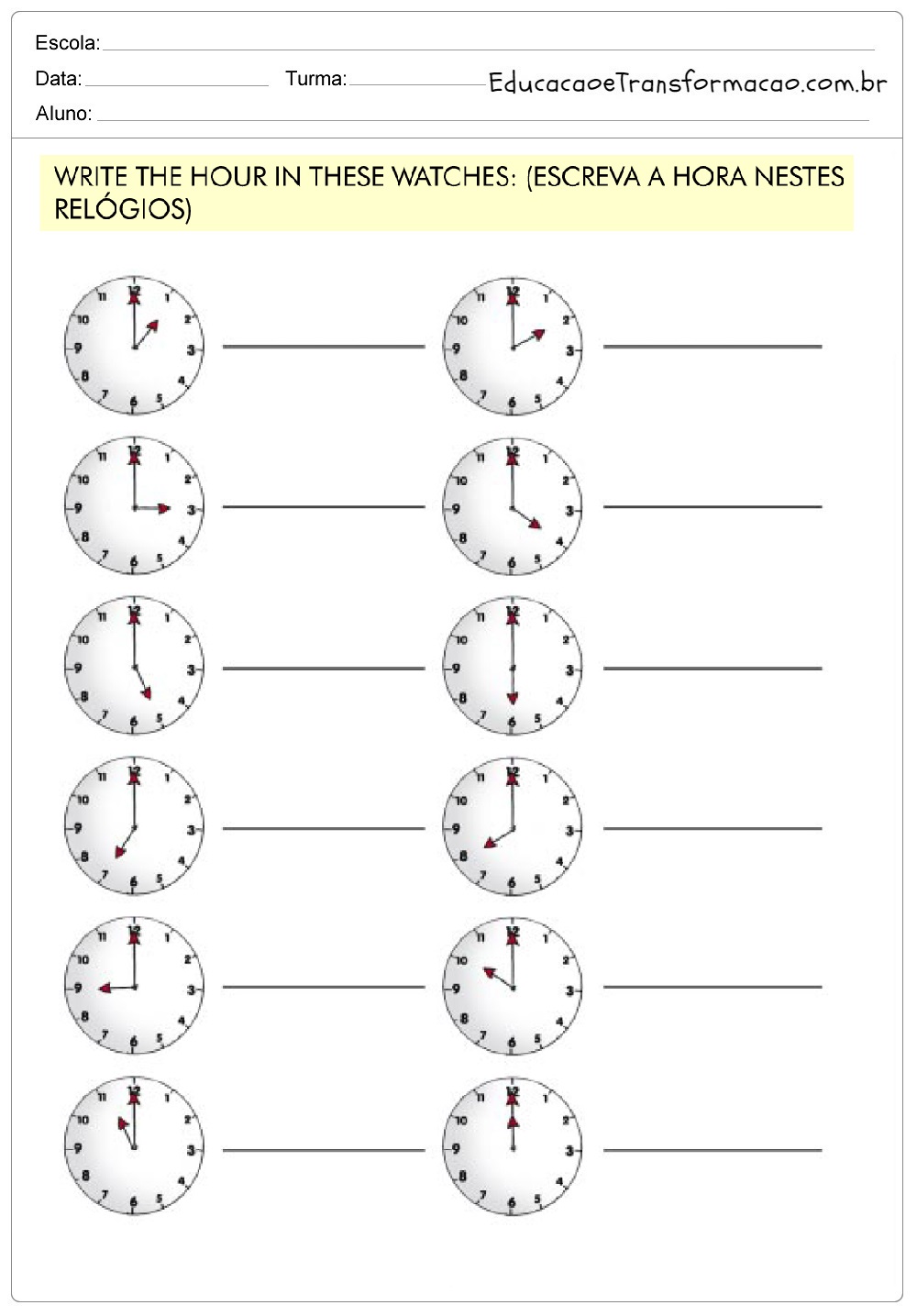 Atividades de Inglês 4 ano do Ensino Fundamental - Para Imprimir.