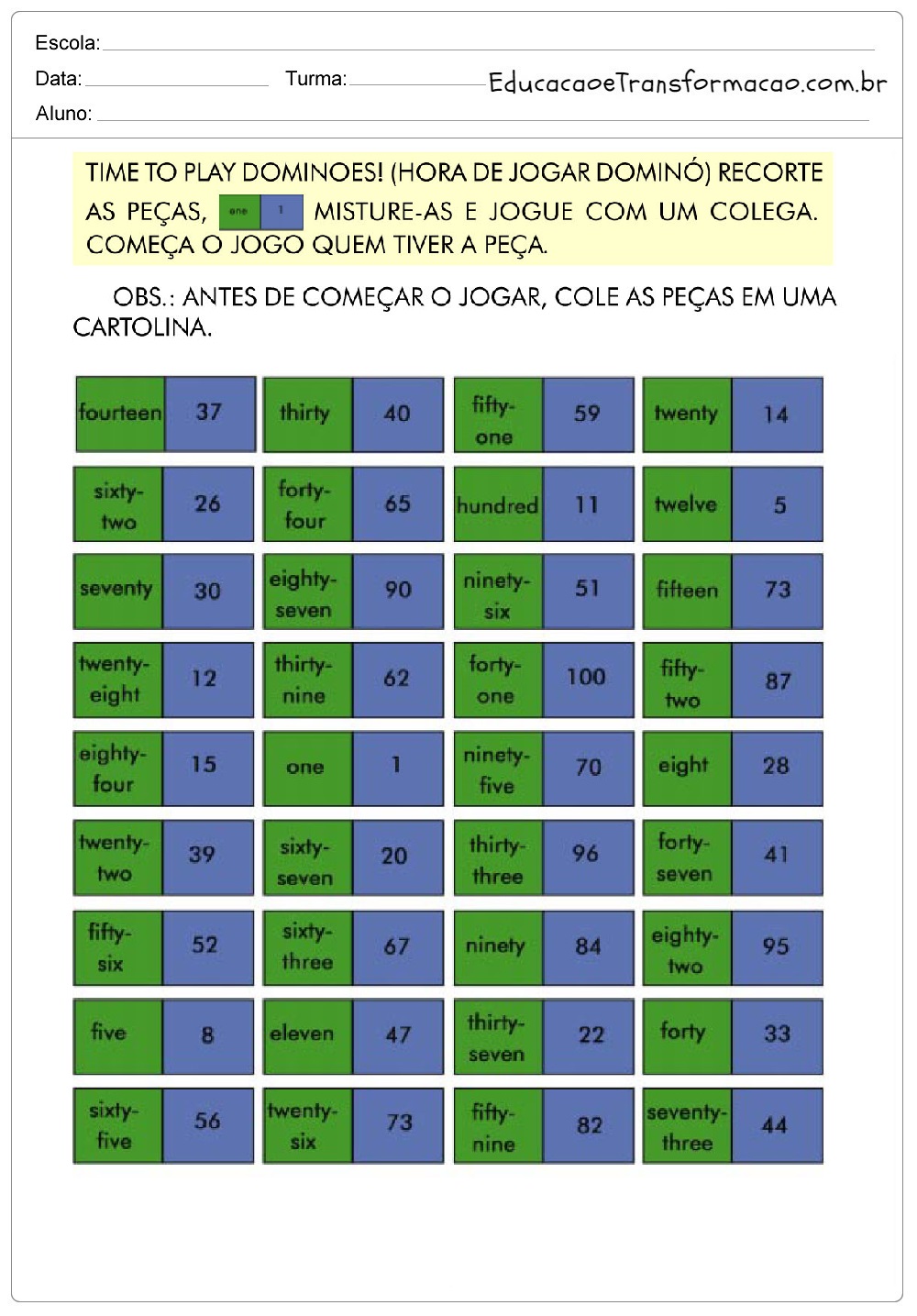 Domino imprimir ingles