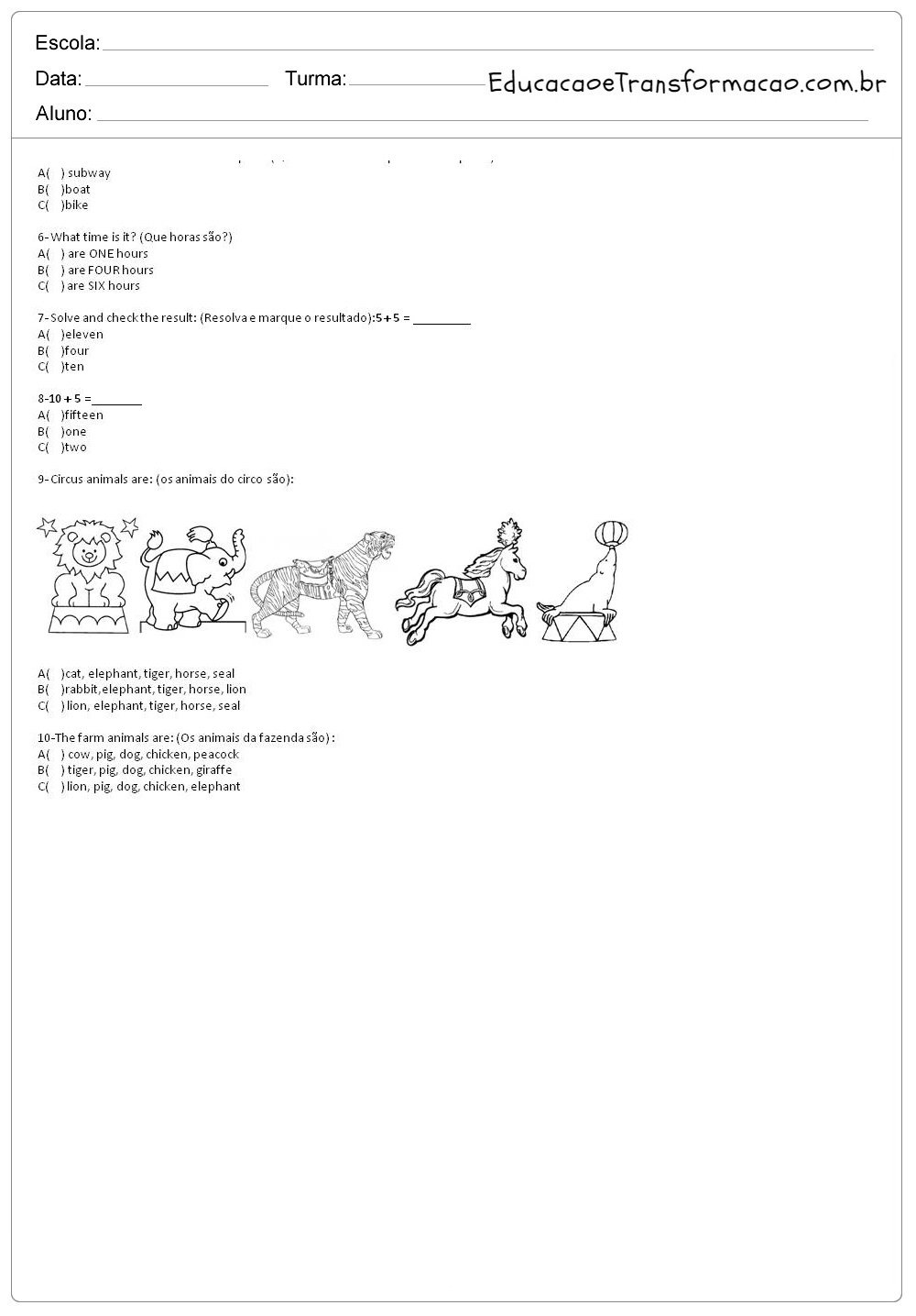 Atividades de Inglês 4 ano do Ensino Fundamental - Para Imprimir.