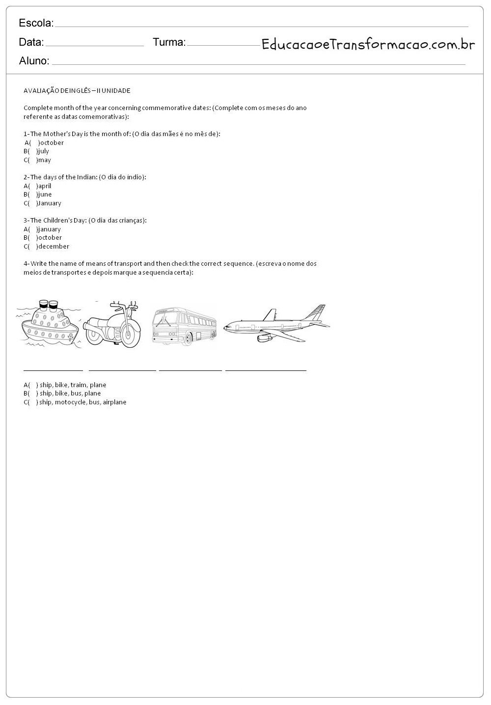 Atividades de Inglês 4 ano do Ensino Fundamental - Para Imprimir.