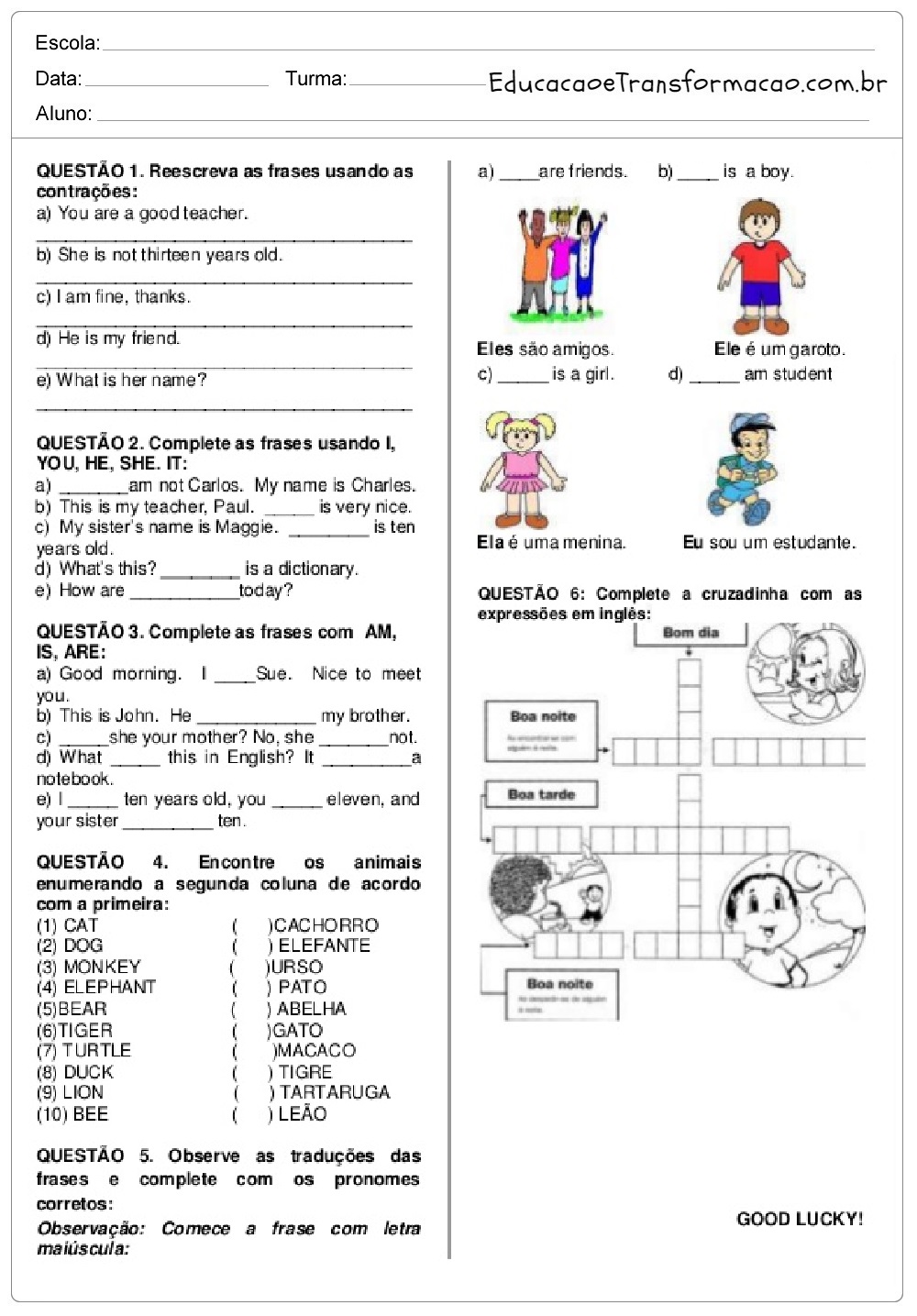 Atividades de Inglês 5 ano do Ensino Fundamental - Para Imprimir.