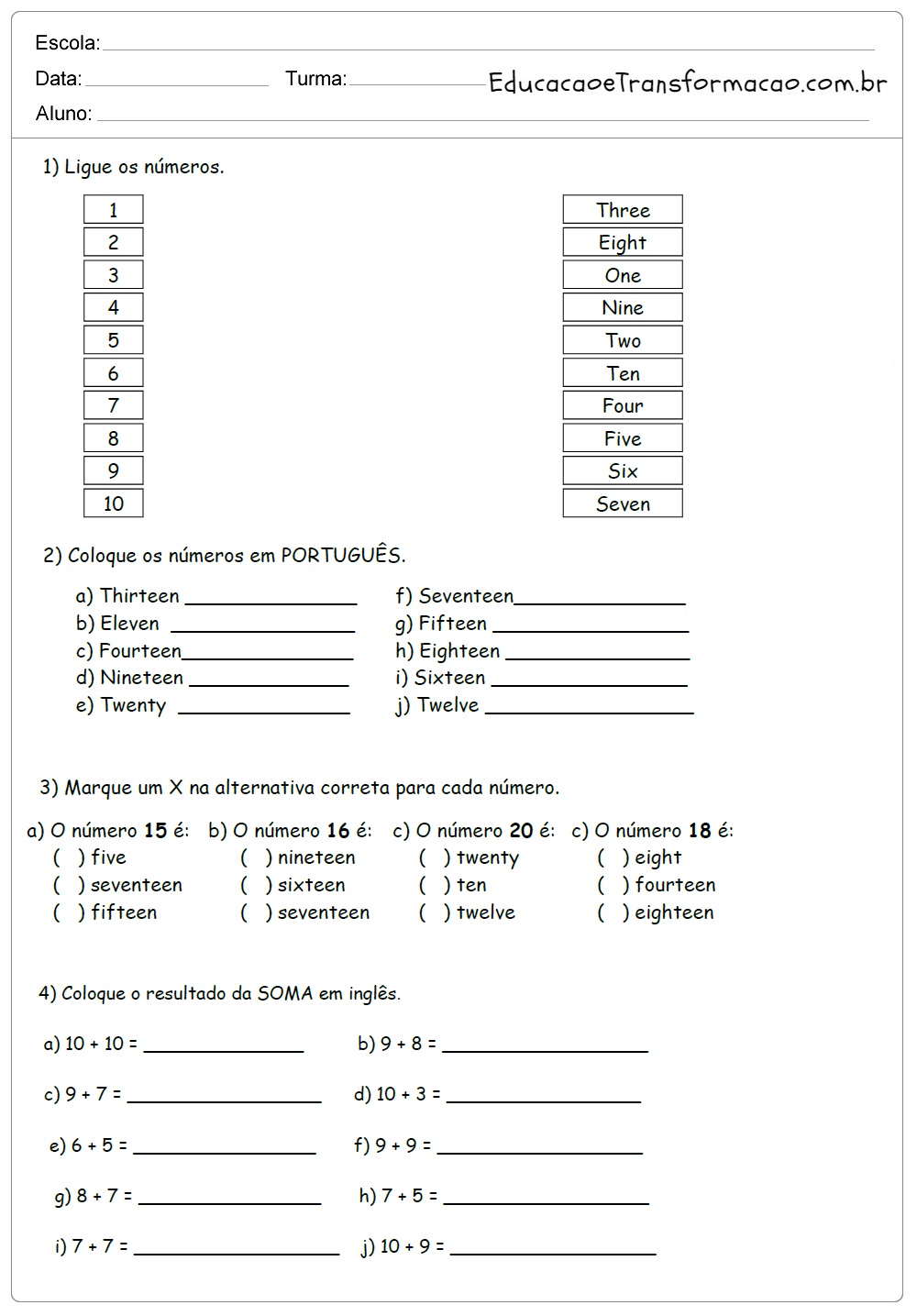 Atividades de Inglês 3 ano do Ensino Fundamental - Para Imprimir.