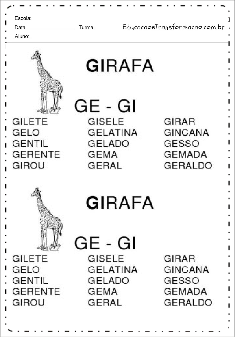 Fichas de Leitura sílabas complexas - GE - GI.