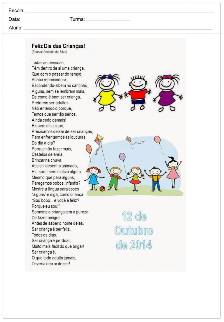 Poemas e Poesias para o Dia das Crianças para imprimir.