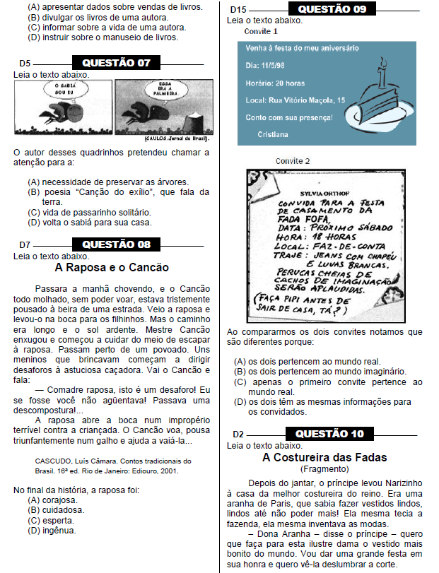 Questões da Prova Brasil em PDF com gabarito para imprimir.