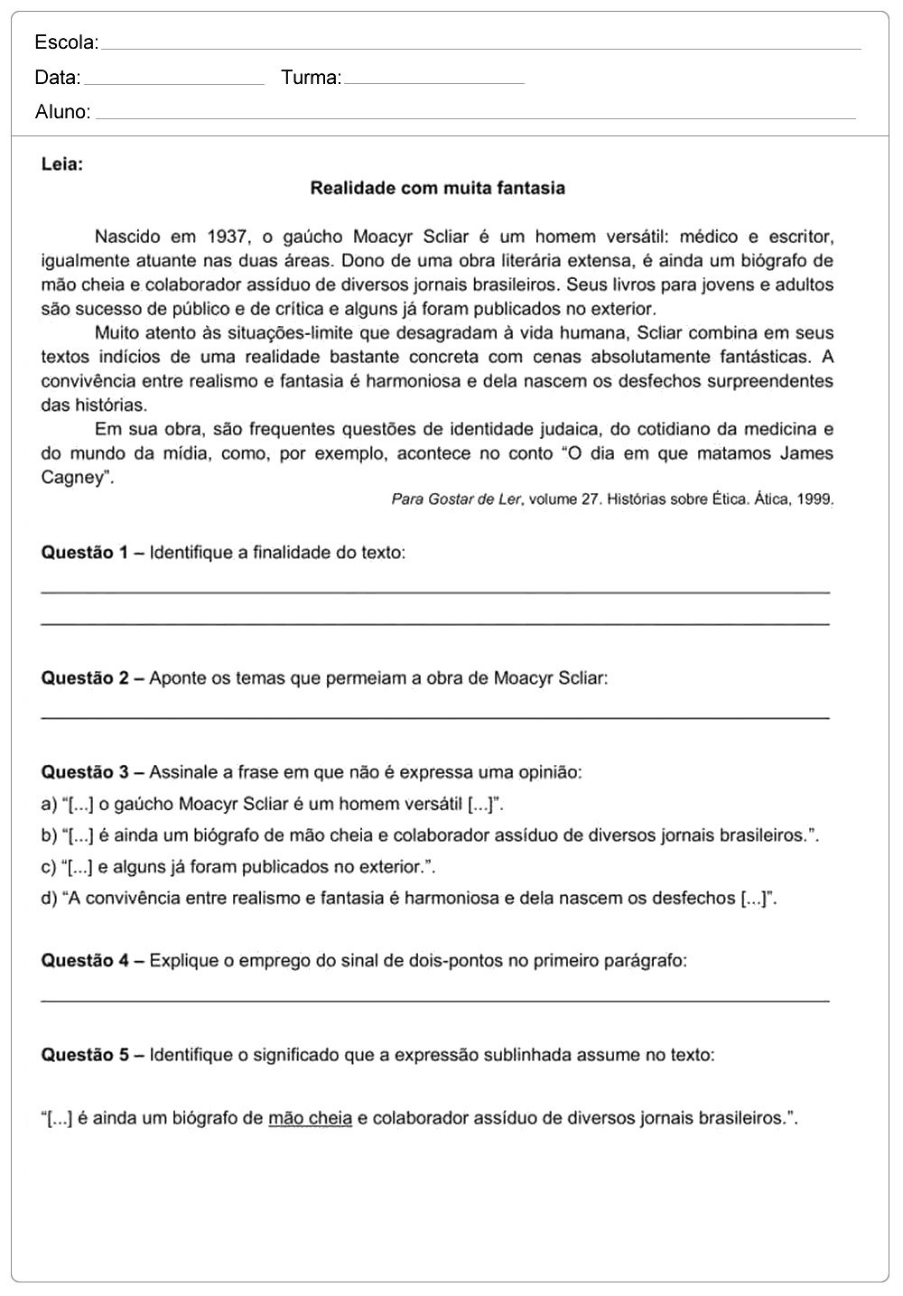 Atividades de Interpretação de Texto 9 ano do Ensino Fundamental