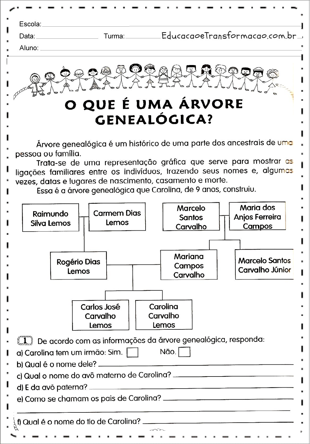 Atividades sobre árvore genealógica para imprimir e baixar em PDF