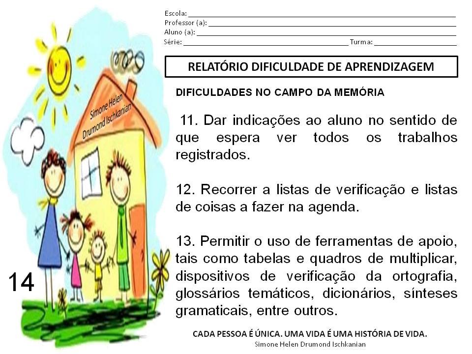 Modelo de Relatório dificuldade de aprendizagem - Parecer Descritivo 