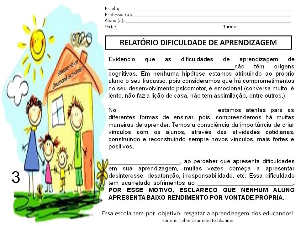 Modelo de Relatório dificuldade de aprendizagem - Parecer Descritivo 